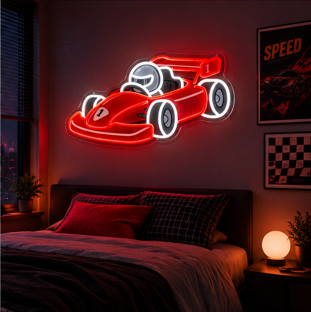 Racing neon sign in bedroom scene