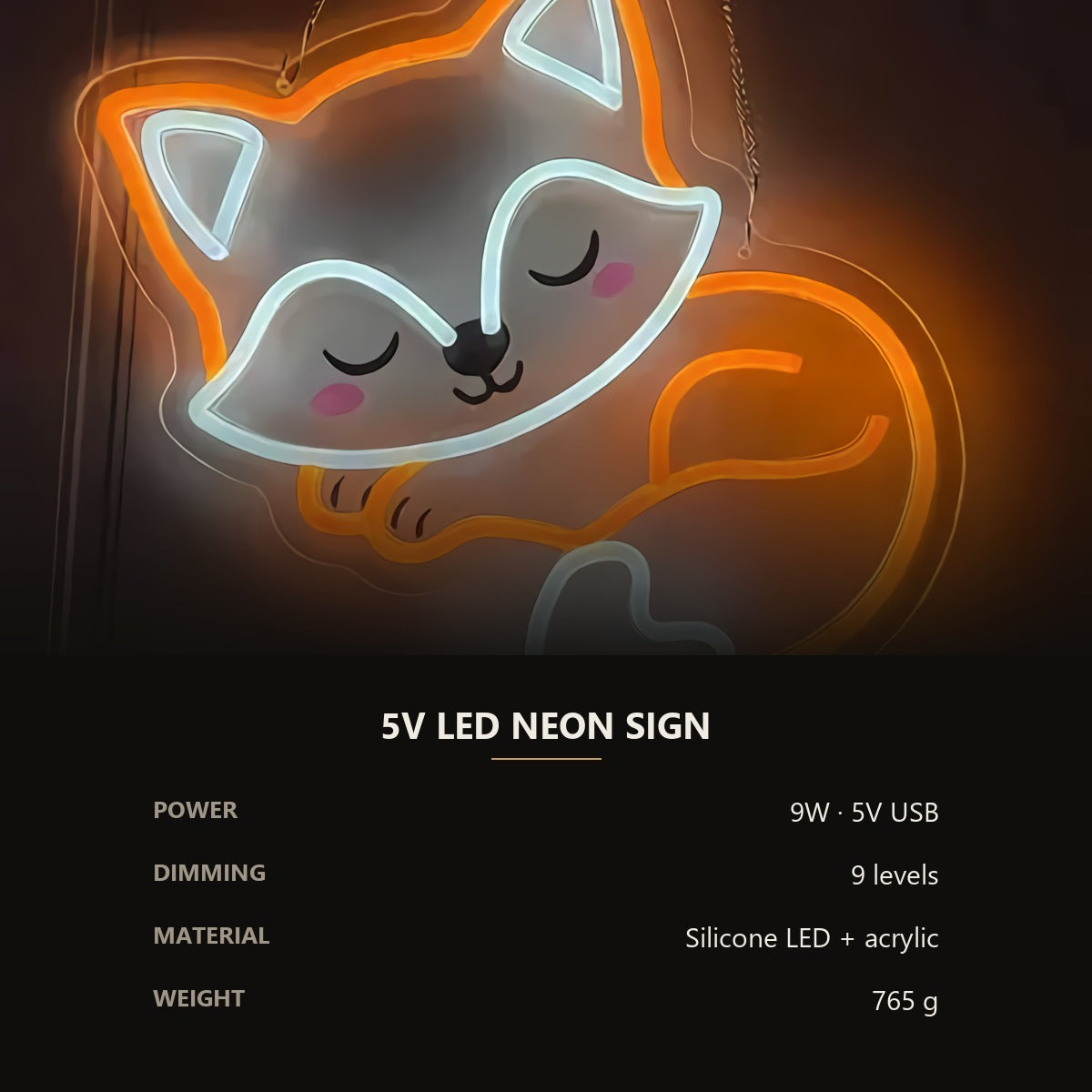 Neon Sleeping Fox Sign — Amber