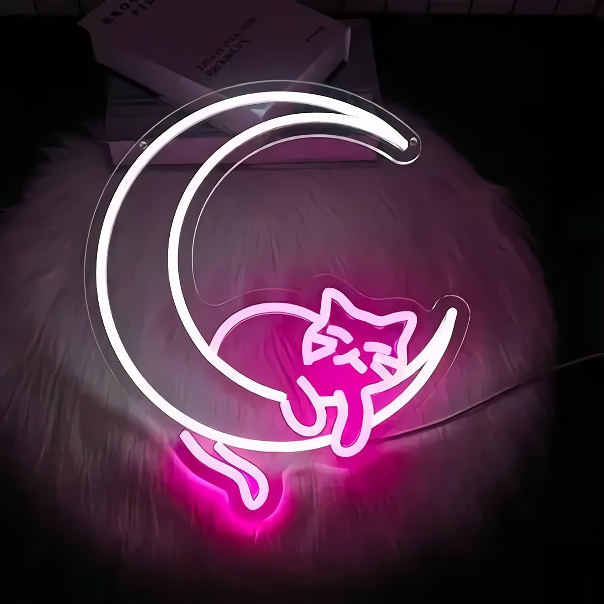 Neon Cat on Moon Sign — Pink
