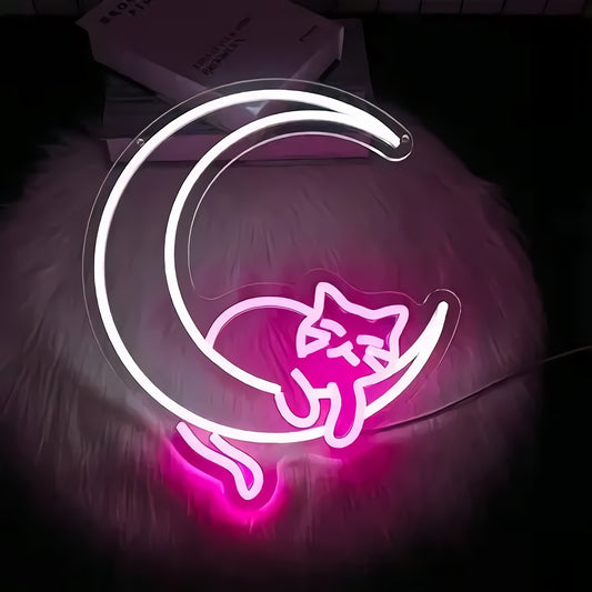 Neon Cat on Moon Sign — Pink