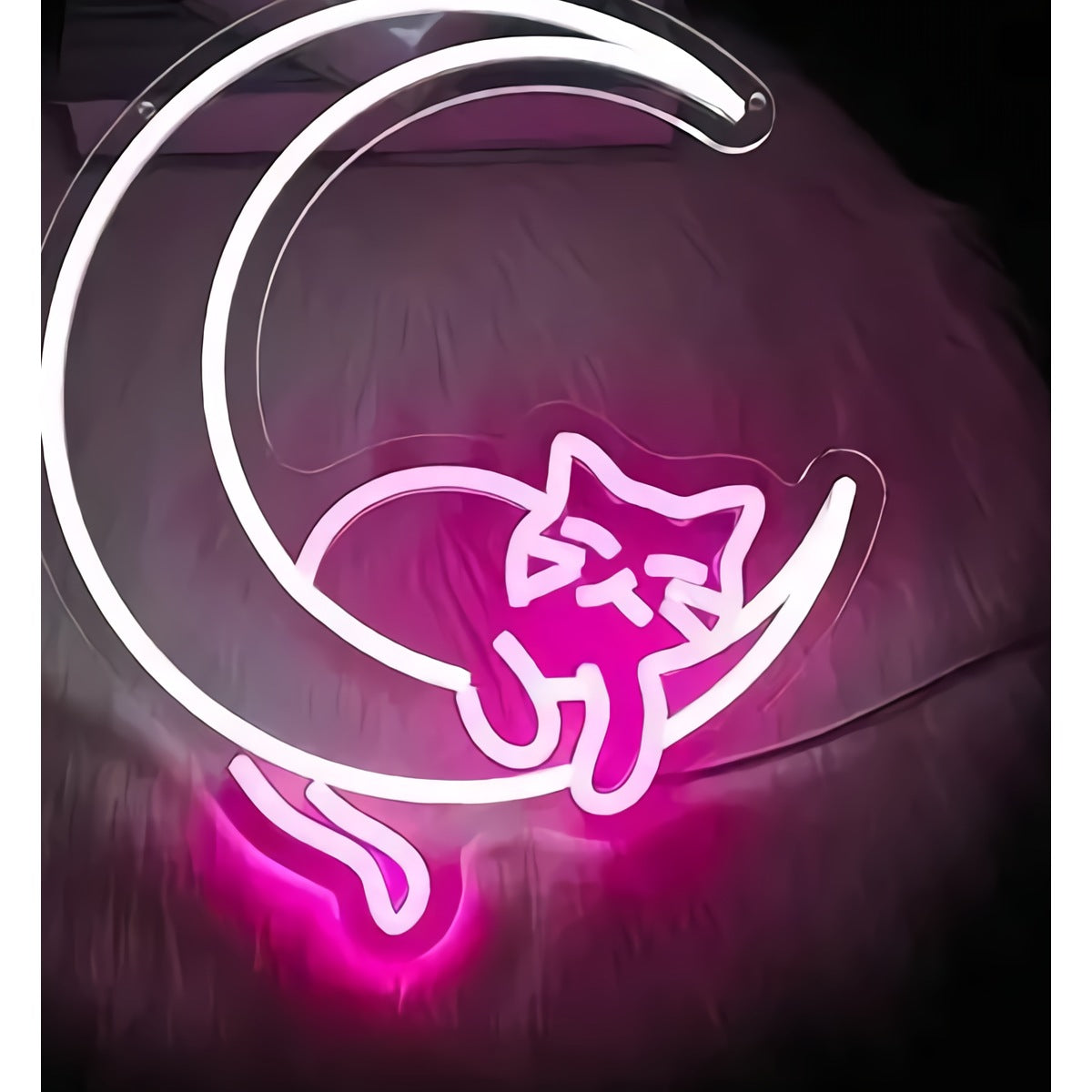 Neon Cat on Moon Sign — Pink