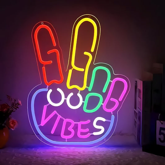 Neon 'Good Vibes' Hand Sign — Rainbow