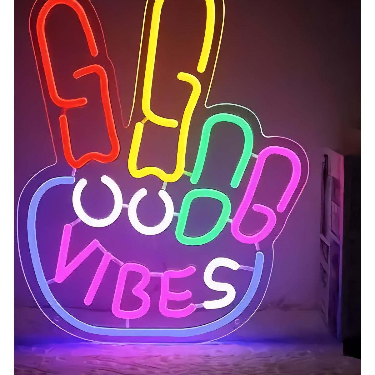 Neon 'Good Vibes' Hand Sign — Rainbow