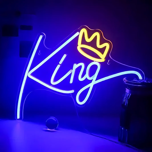 Neon 'King' Crown Sign — Blue