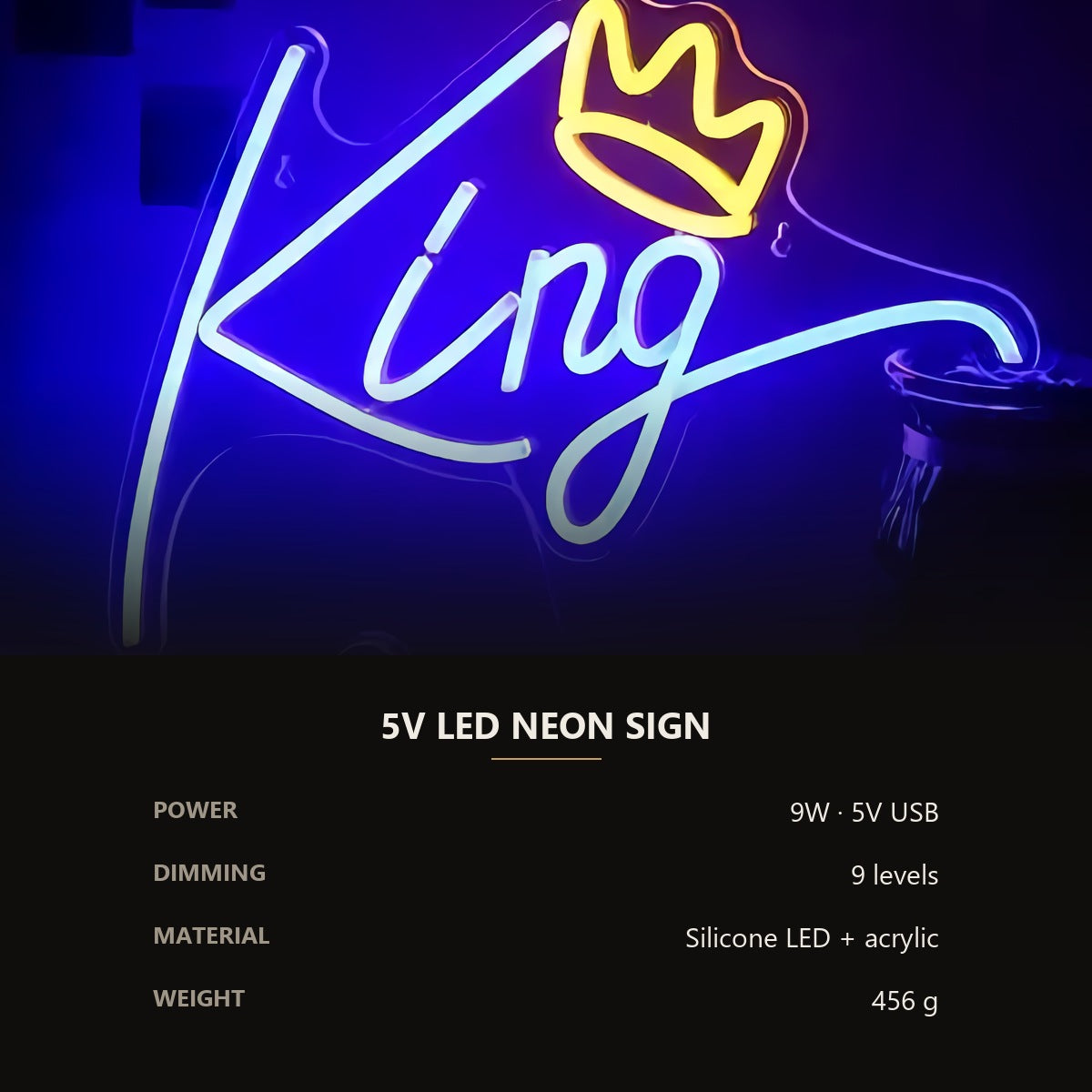 Neon 'King' Crown Sign — Blue