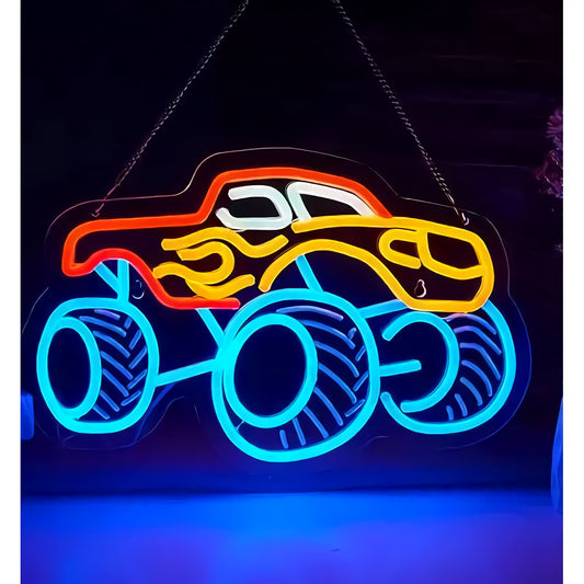Neon Race Car Sign — Orange & Blue