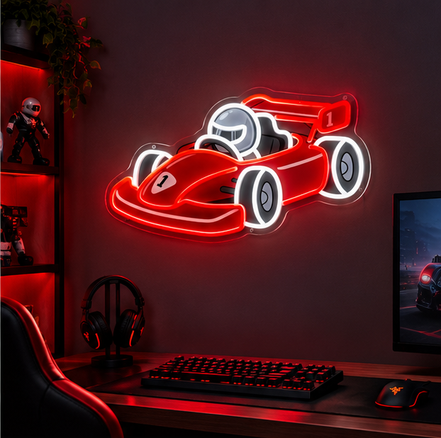 Red formula racing neon sign above desk