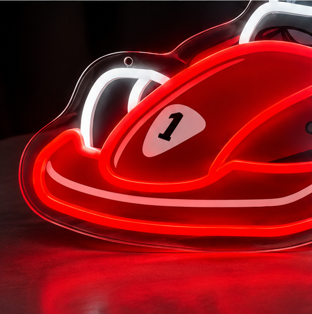 Close-up detail of red racing neon sign