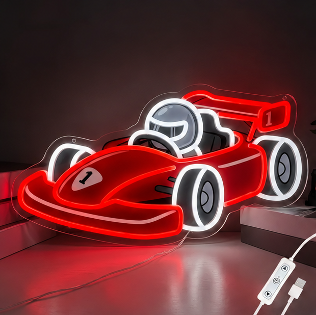 Racing neon sign in gaming room